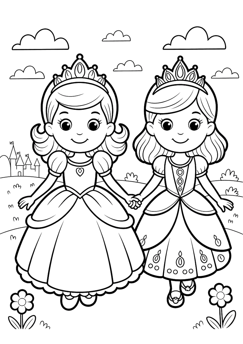 Kleurplaat van twee prinsessen — Sneeuwwitje in haar klassieke jurk en Tiana in haar prinsessenjurk — die hand in hand l