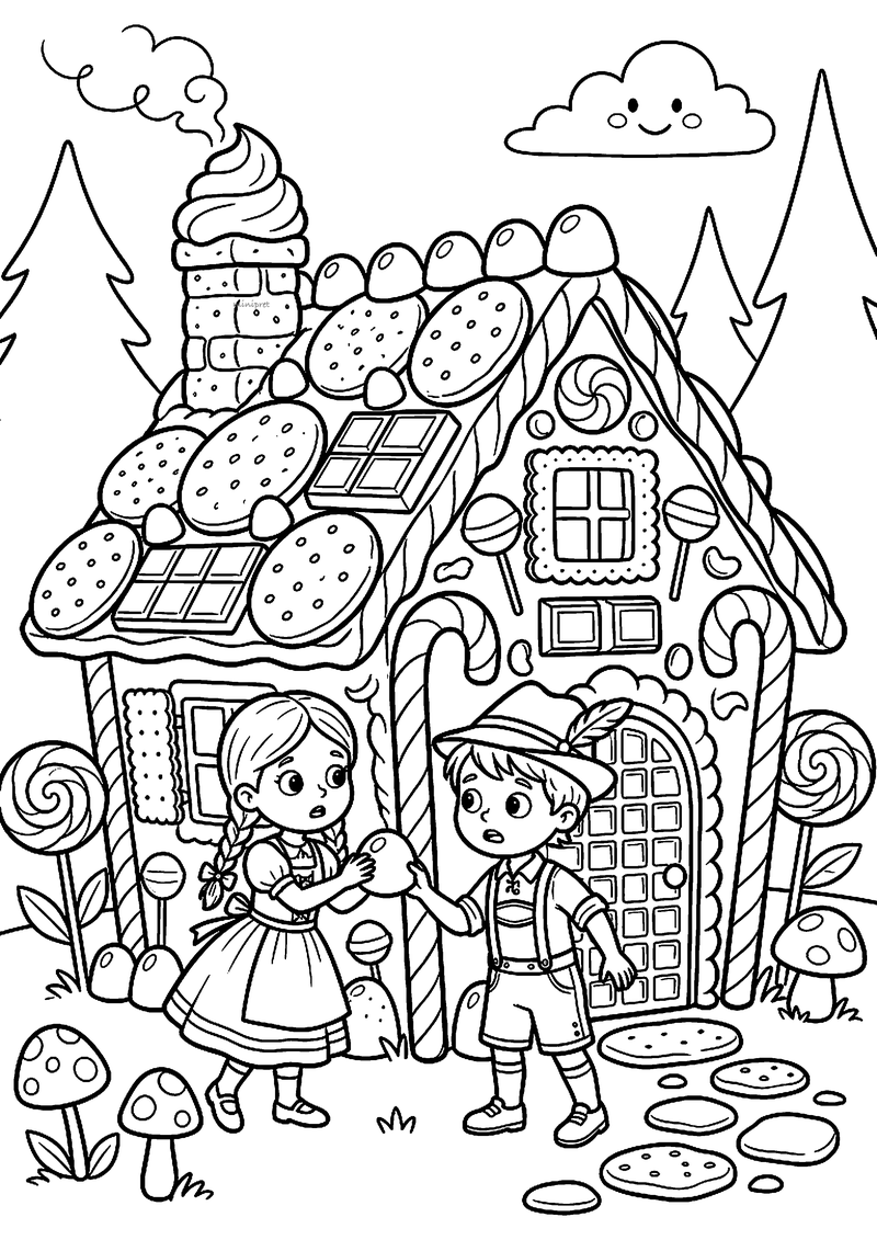 Kleurplaat van Hans en Grietje die een snoepje van het koekjeshuisje pakken, met lolly's en paddenstoelen