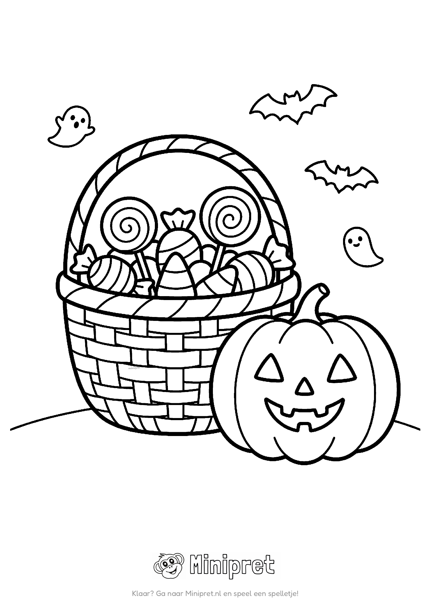Snoepmandje kleurplaat — snoepmandje vol Halloween-snoep — wikkels, lollies en kleine pompoenen