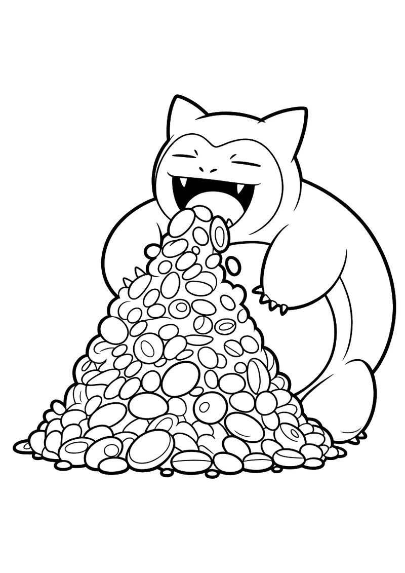 Snorlax eet een reusachtige stapel kleurplaat — gratis kleurplaat printen