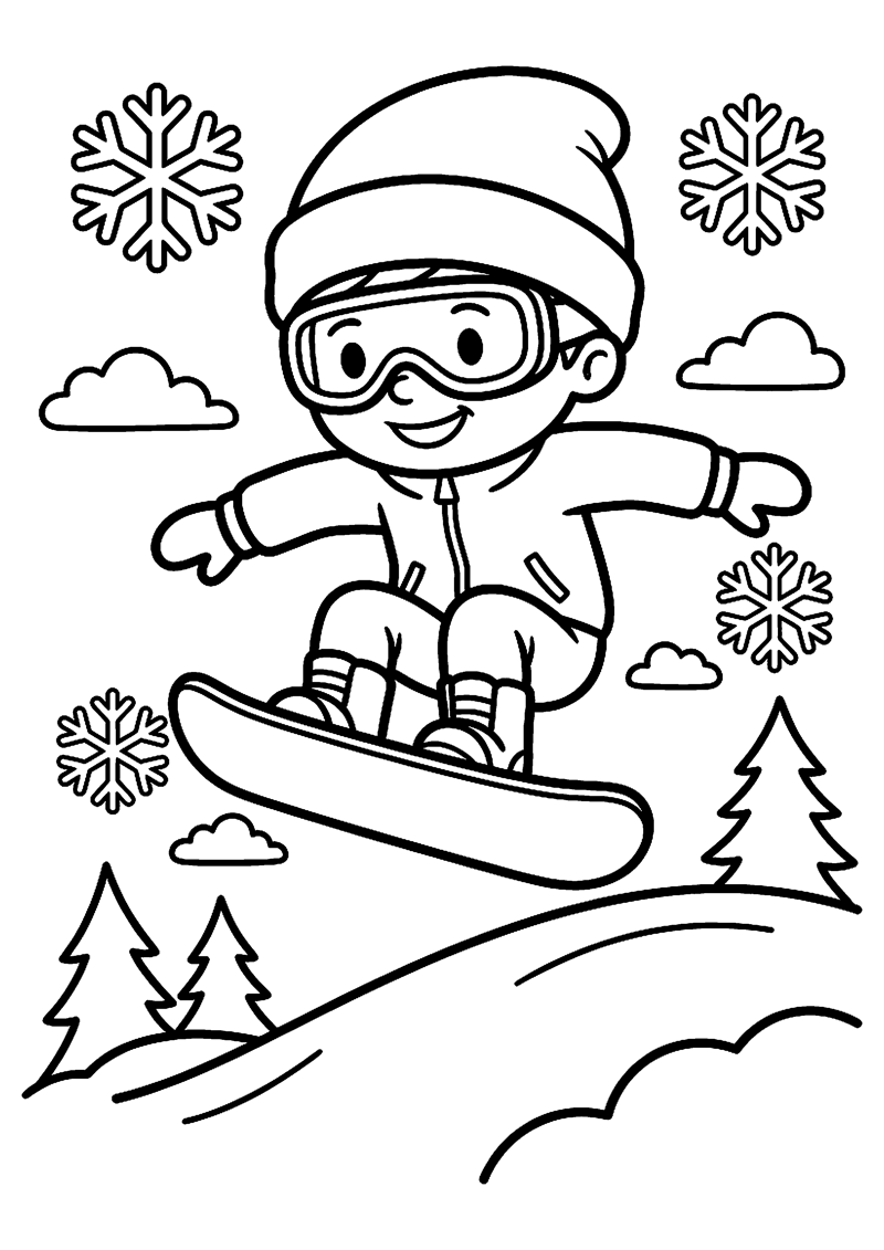 Snowboarder in Sprong met Sneeuwvlokken Olympische Winterspelen Kleurplaat — gratis kleurplaat printen
