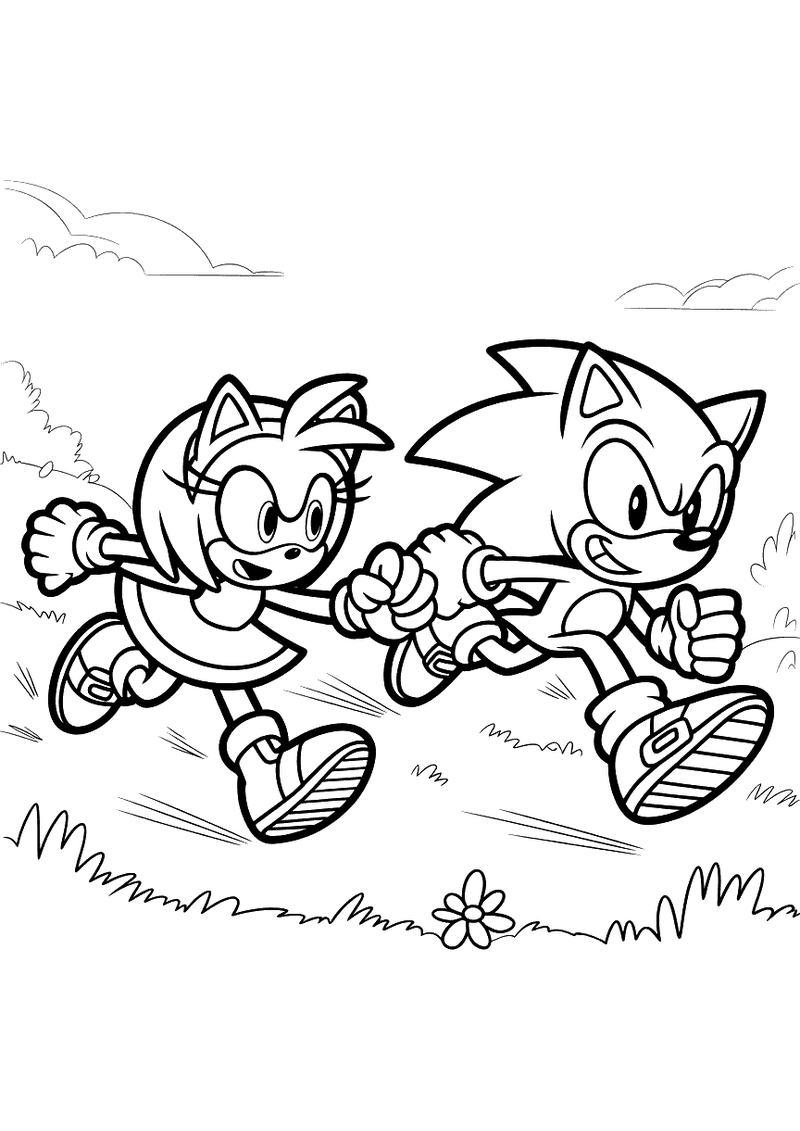 Sonic en Amy rose rennen samen kleurplaat — gratis kleurplaat