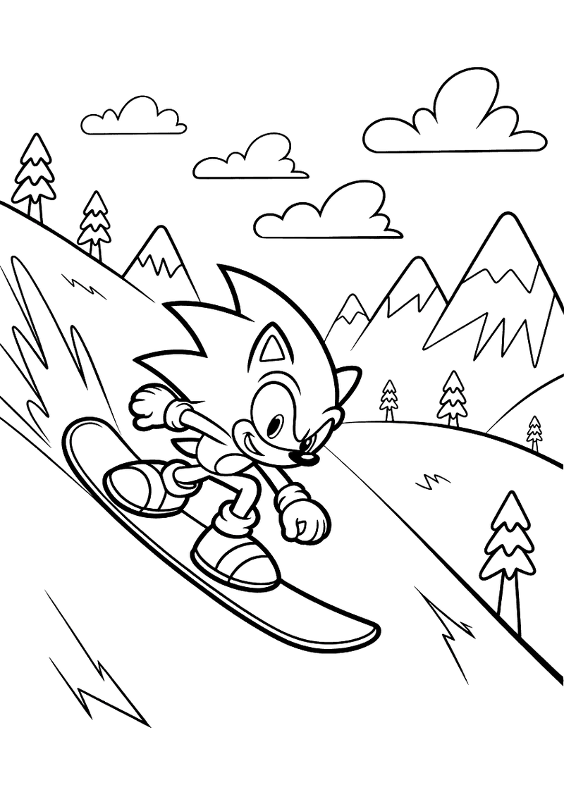 Sonic snowboardt berg af kleurplaat — gratis kleurplaat printen