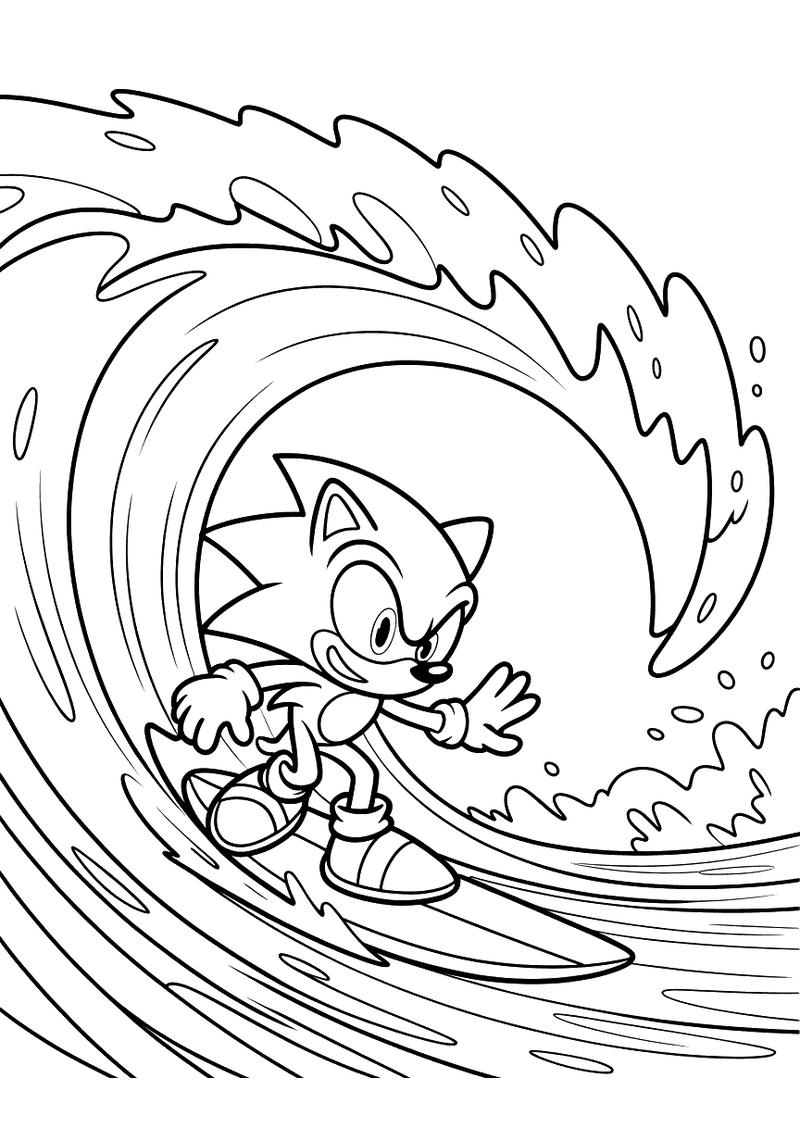 Sonic surft op een golf kleurplaat — gratis kleurplaat printen