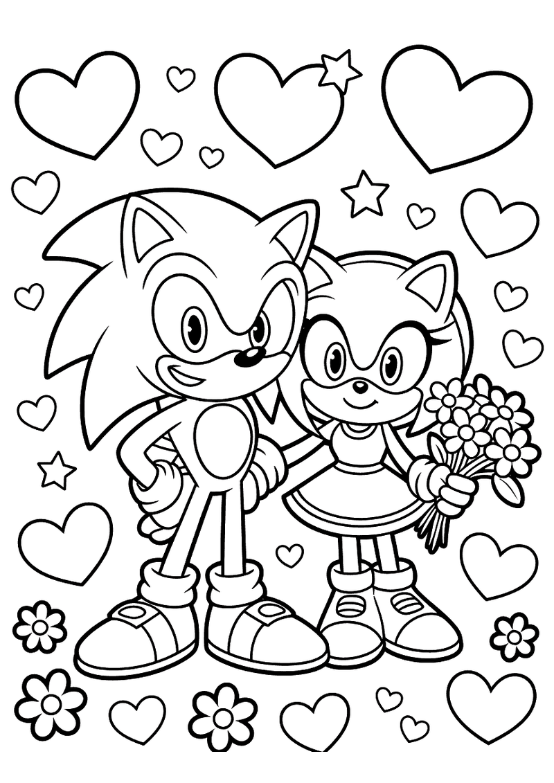 Sonic en Amy op valentijn kleurplaat — gratis kleurplaat printen
