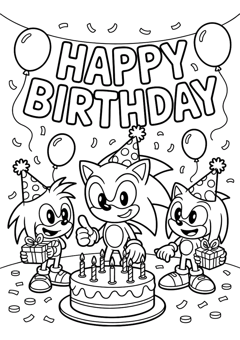 Sonic's verjaardagsfeest met vrienden kleurplaat — gratis kleurplaat printen