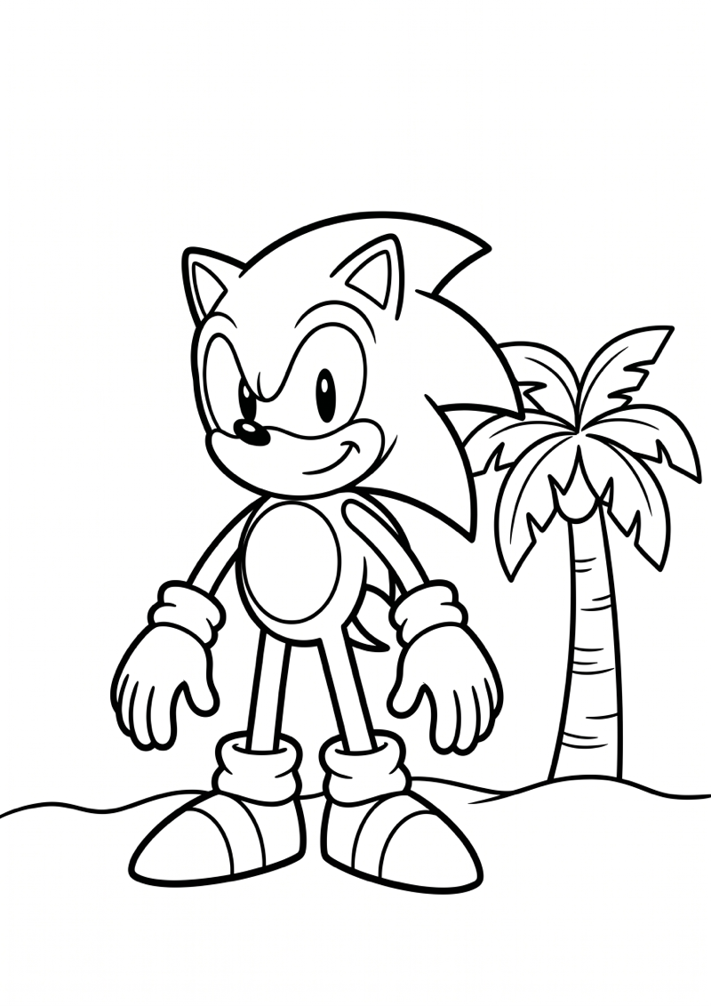 Sonic met Palmboom Game Stijl Kleurplaat — gratis kleurplaat