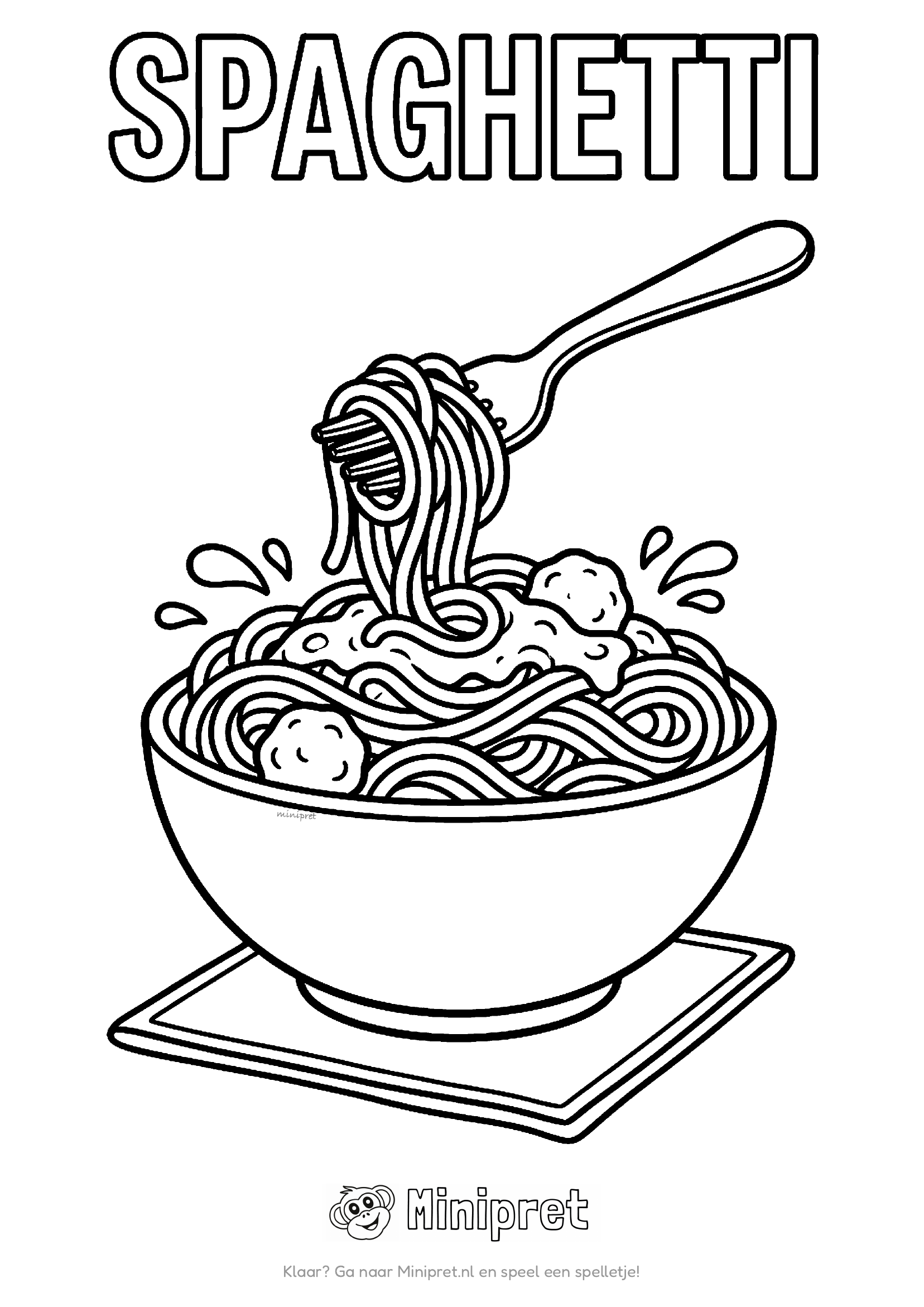 Spaghetti als kleurplaat: bord spaghetti met tomatensaus, gehaktbal en geraspte kaas