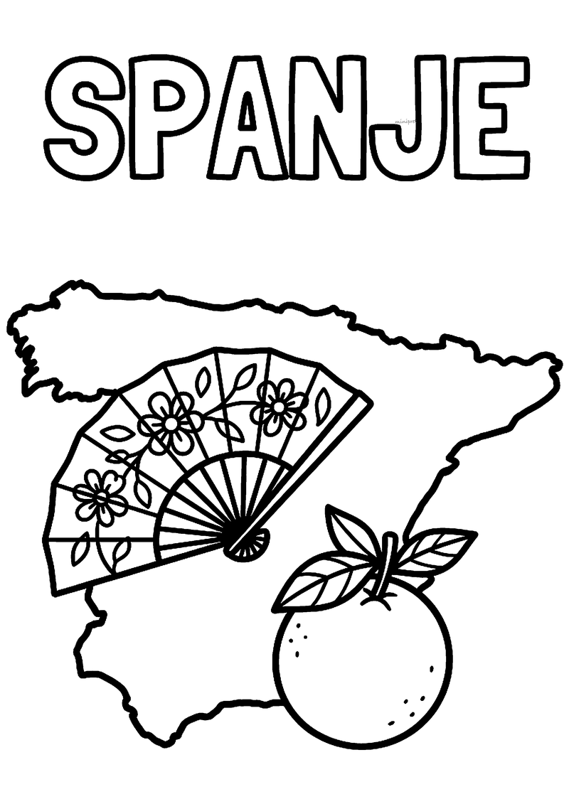Kleurplaat van de kaart van Spanje met daarop een Spaanse waaier met bloemen en een sinaasappel