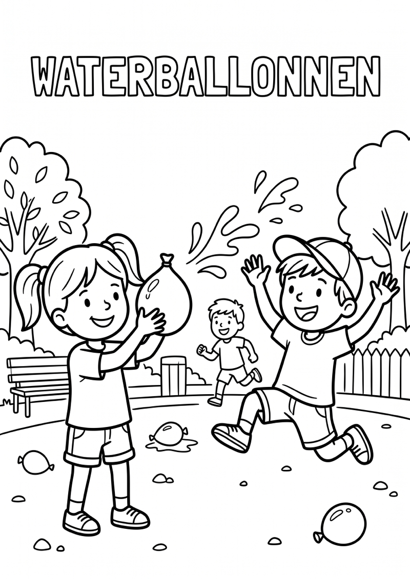 Spelen met Waterballonnen Kleurplaat — gratis kleurplaat