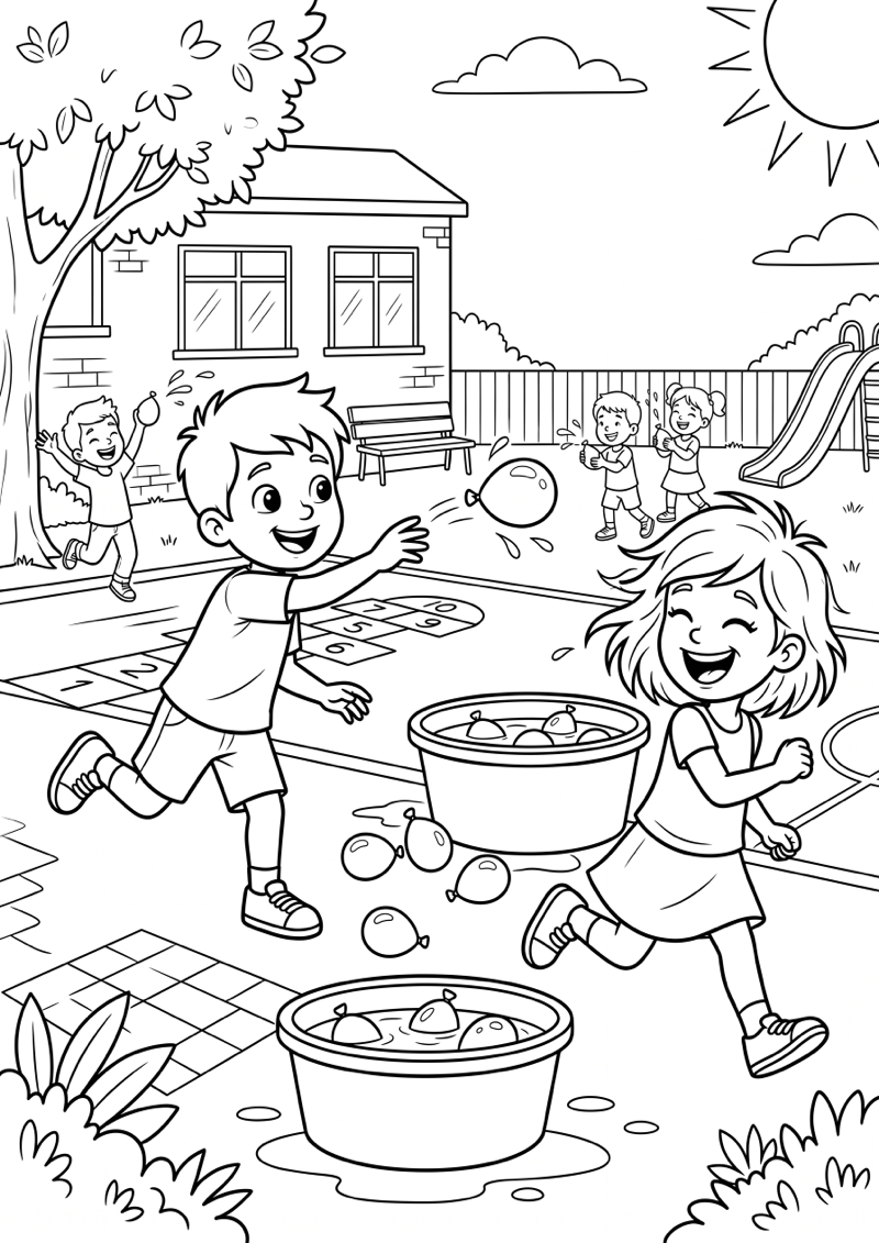 Spelen met Waterballonnen op Plein Kleurplaat — gratis kleurplaat