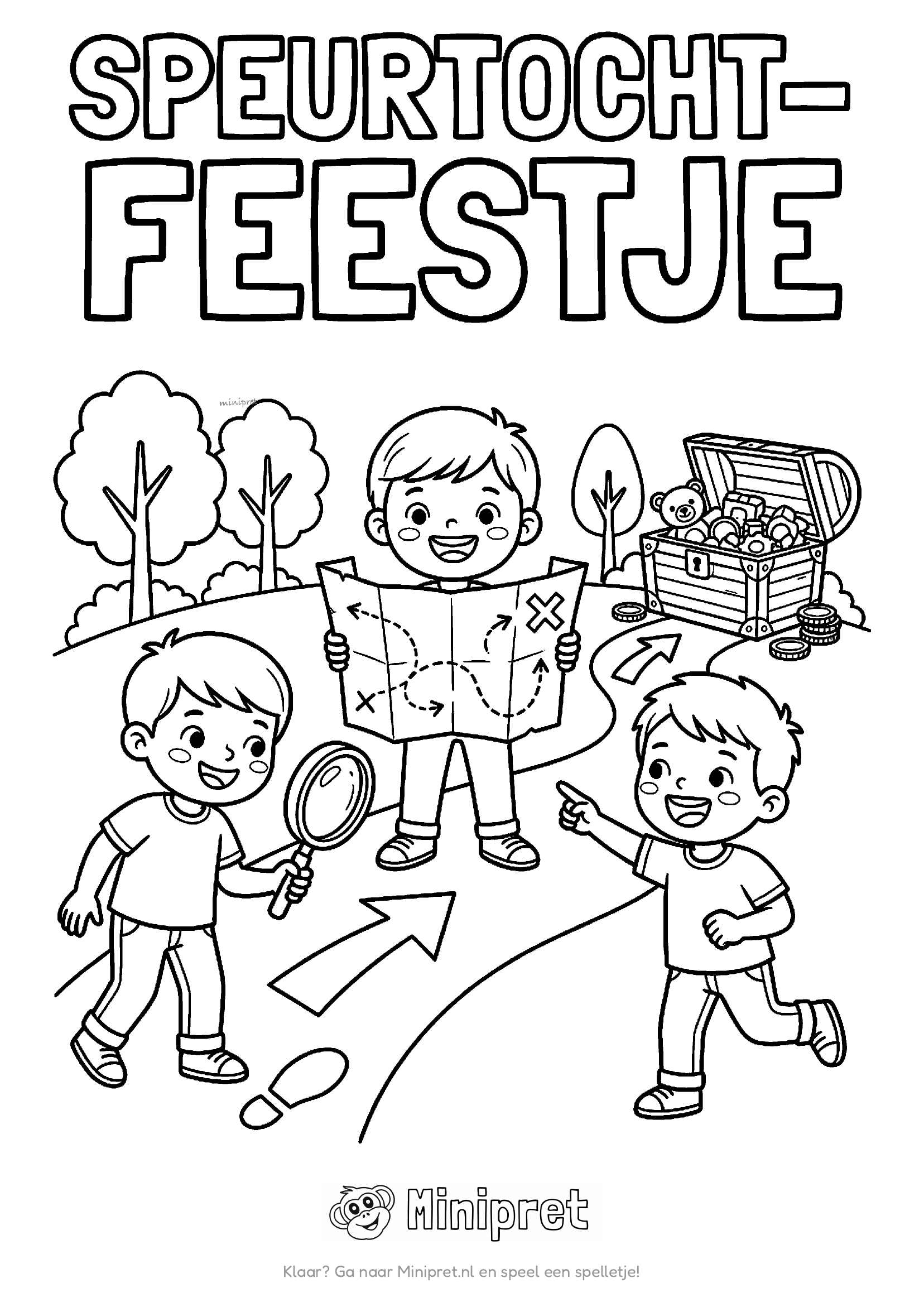 Speurtocht feestje kleurplaat — kinderen met een schatkaart en vergrootglas op zoek naar aanwijzingen in de tuin