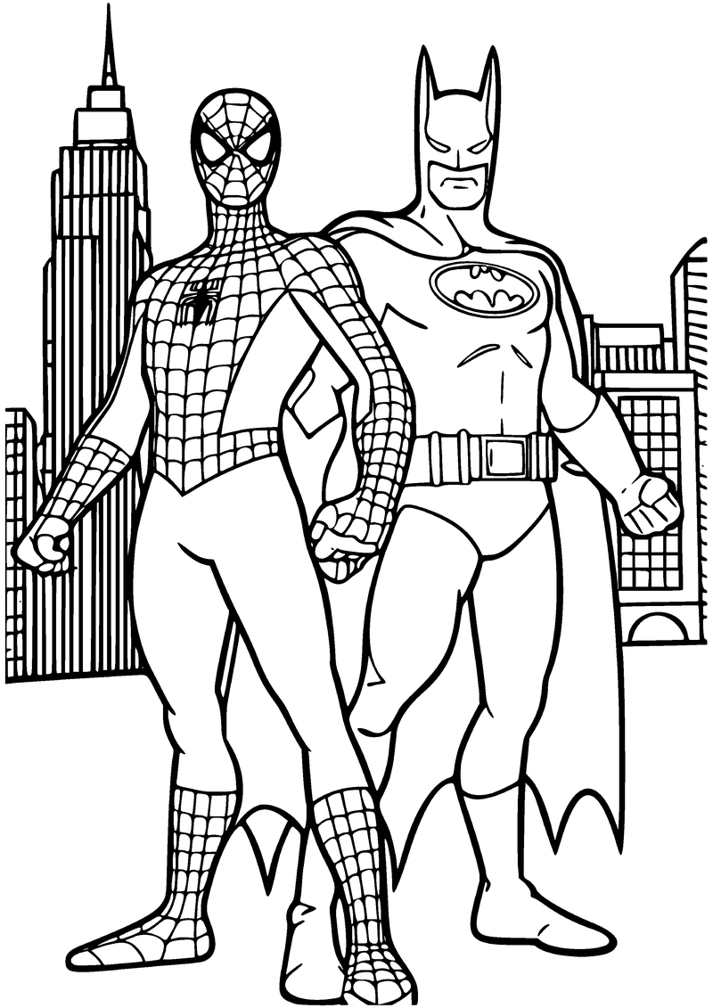 Kleurplaat van Spider-Man en Batman die zij aan zij staan met gebalde vuisten voor hoge wolkenkrabbers