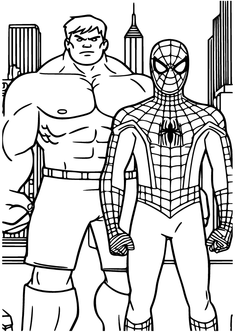 Kleurplaat van een gespierde Hulk in een korte broek naast Spider-Man, met wolkenkrabbers op de achtergrond