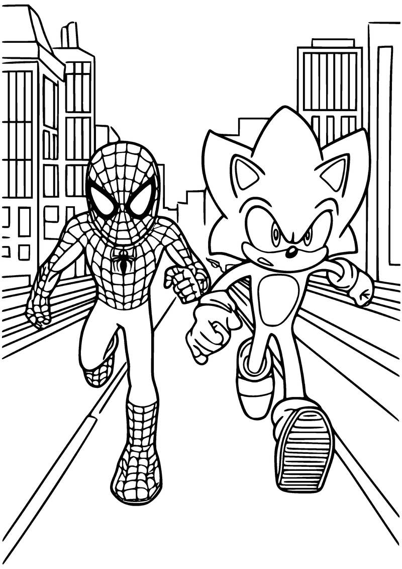 Kleurplaat van Spider-Man en Sonic die naast elkaar over een straat rennen tussen hoge flatgebouwen