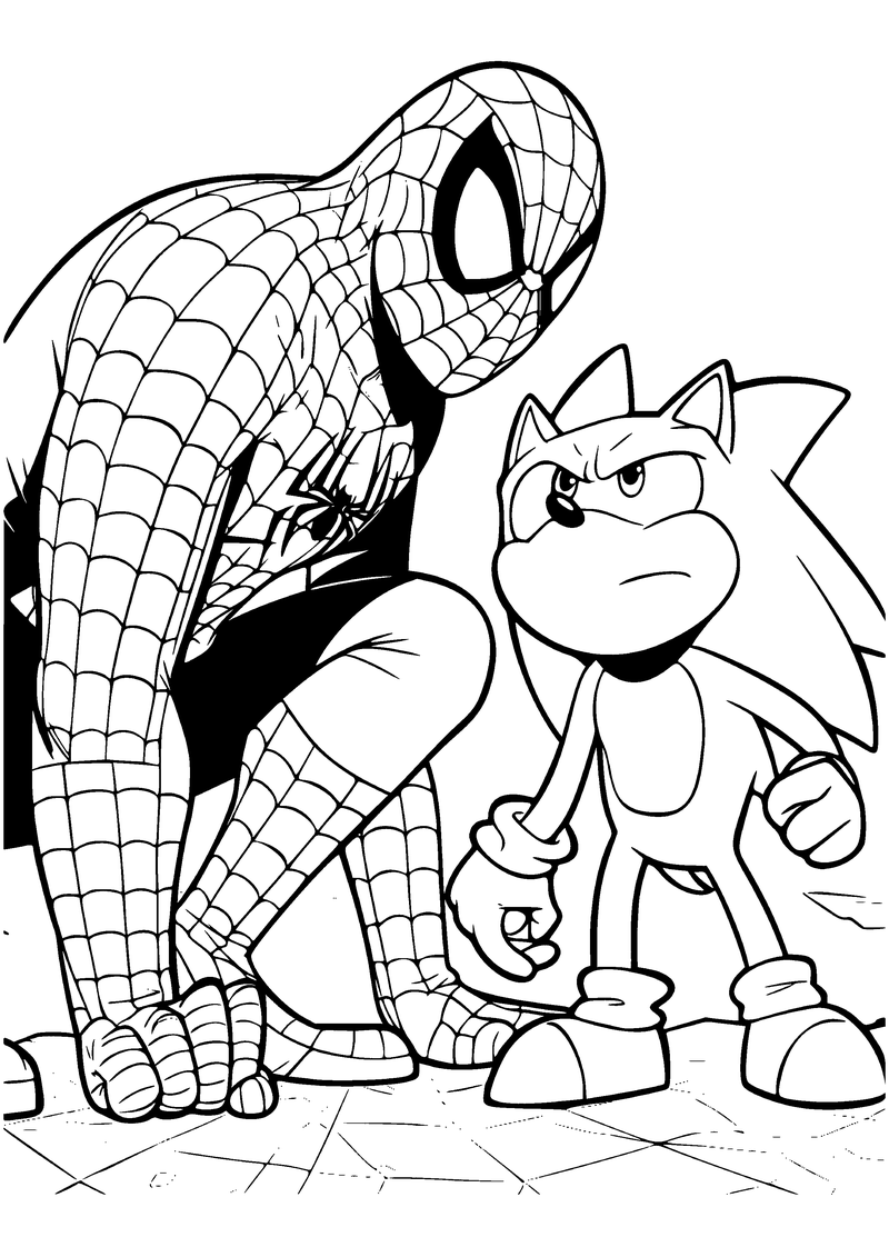Kleurplaat van een gehurkte Spider-Man die omlaag kijkt naar Sonic, die met een frons en gebalde vuist terugkijkt