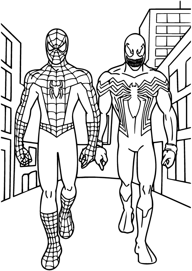 Kleurplaat van Spider-Man en Venom met scherpe tanden die naast elkaar door een straat met gebouwen lopen