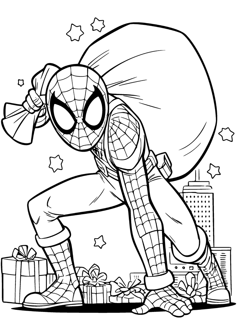 Kleurplaat van Spider-Man met een grote zak over zijn schouder tussen ingepakte cadeaus, sterren en gebouwen