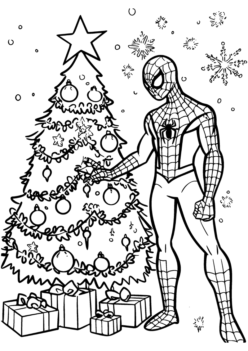 Kleurplaat van Spider-Man die een versierde kerstboom met ballen, slingers en een ster aanraakt, met cadeaus eronder