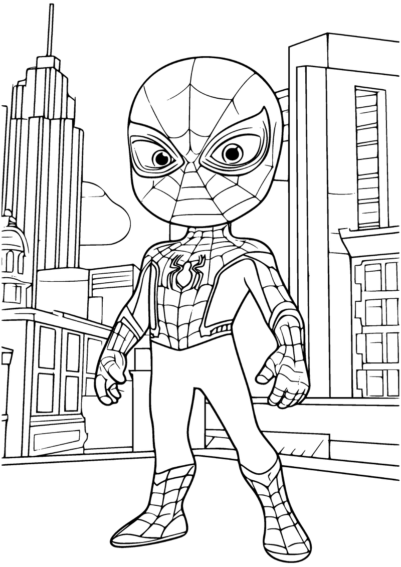 Kleurplaat van een kleine Spider-Man met groot hoofd en grote ogen die rechtop staat tussen gebouwen in de stad