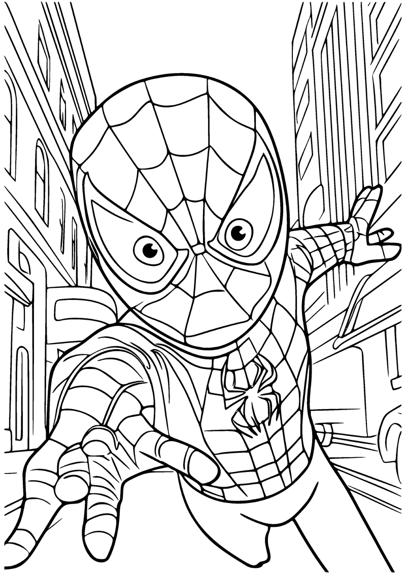 Kleurplaat van cartoon Spider-Man met groot hoofd die zijn hand naar je uitsteekt in een straat met gebouwen
