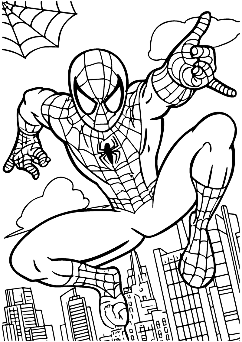 Kleurplaat van Spider-Man die boven de stad springt en een webdraad schiet, met een spinnenweb en wolken