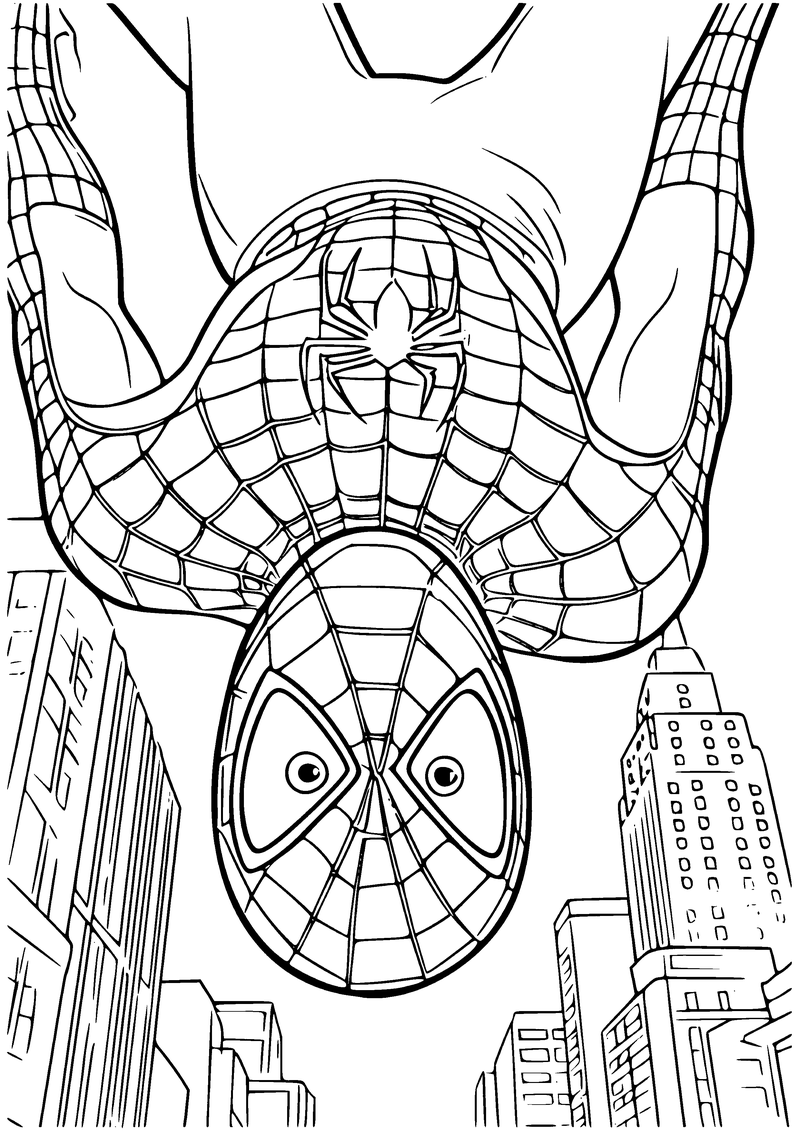 Kleurplaat van Spider-Man die ondersteboven hangt, van dichtbij, met wolkenkrabbers onder en naast hem