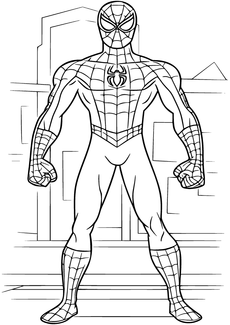 Kleurplaat van Spider-Man die van top tot teen rechtop staat met gebalde vuisten en brede benen voor een gebouw
