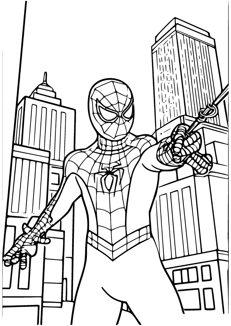 Kleurplaat van Spider-Man die een webdraad vasthoudt tussen hoge gebouwen en wolkenkrabbers in de stad