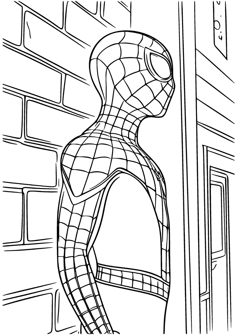 Kleurplaat van Spider-Man van opzij gezien, dicht tegen een bakstenen muur naast een deur