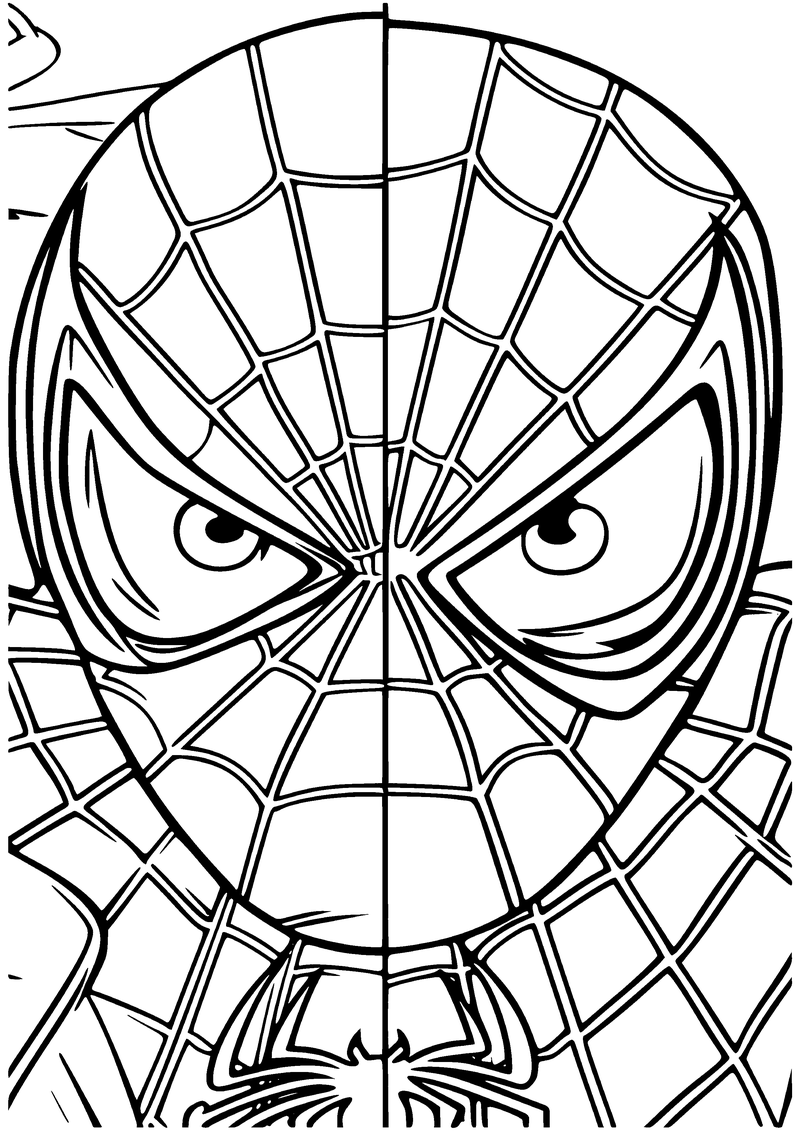 Kleurplaat van het masker van Spider-Man van heel dichtbij, met grote ogen en een groot webpatroon