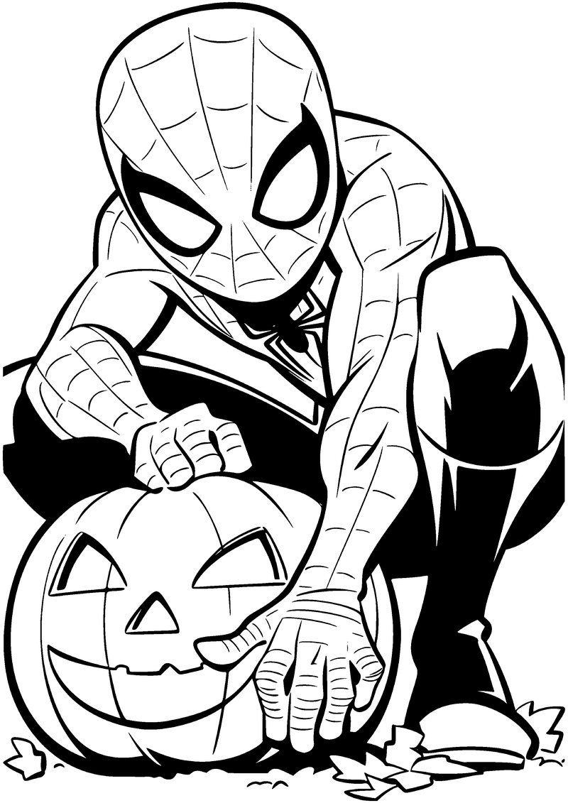 Kleurplaat van een gehurkte Spider-Man met zijn handen op een grote lachende halloweenpompoen tussen herfstblaadjes