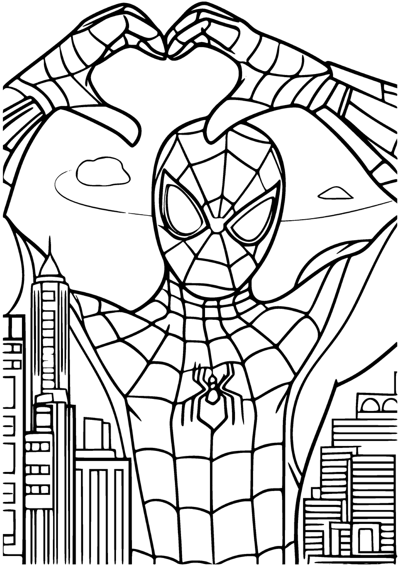 Kleurplaat van Spider-Man die met zijn handen boven zijn hoofd een hartje vormt, met wolkenkrabbers eromheen