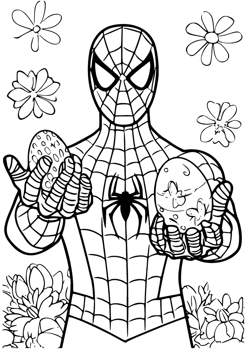 Kleurplaat van Spider-Man die in elke hand een versierd paasei vasthoudt, met bloemen om hem heen