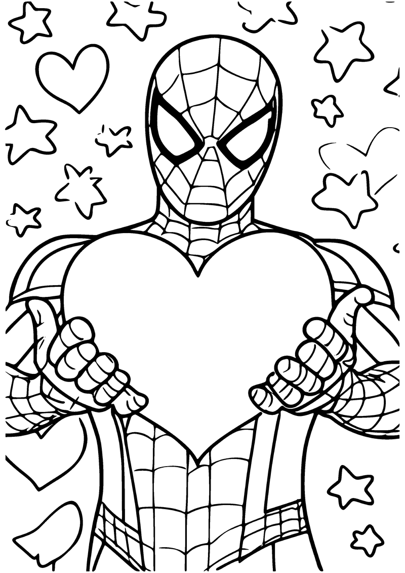 Kleurplaat van Spider-Man die een groot hart voor zijn borst vasthoudt, met sterren en kleine hartjes eromheen