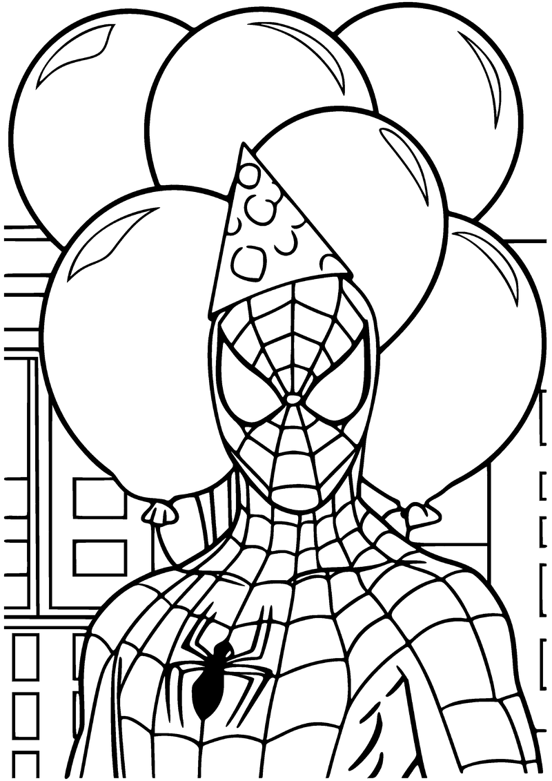 Kleurplaat van Spider-Man met een feesthoedje op zijn hoofd, voor een grote tros ballonnen en een gebouw
