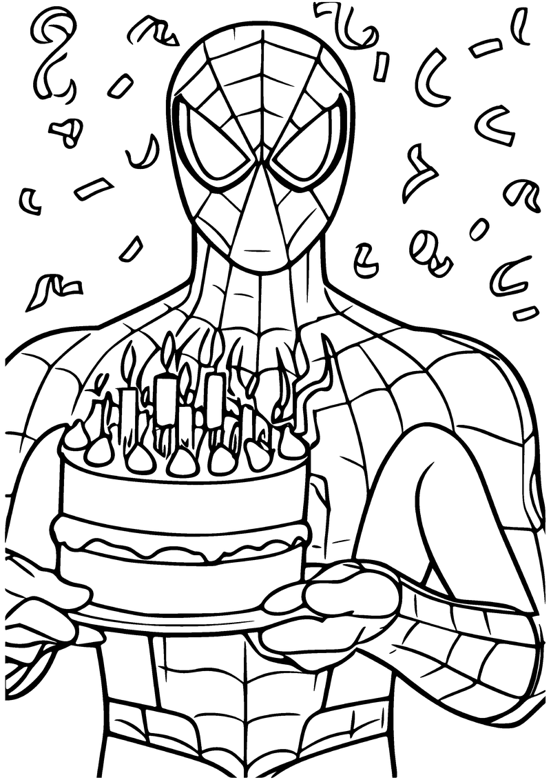 Kleurplaat van Spider-Man die een verjaardagstaart met brandende kaarsjes vasthoudt, met confetti in de lucht