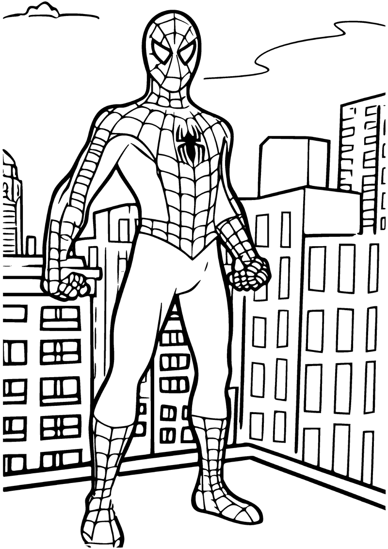 Kleurplaat van Spider-Man die stoer met gebalde vuisten op een dak staat, met hoge flatgebouwen achter hem