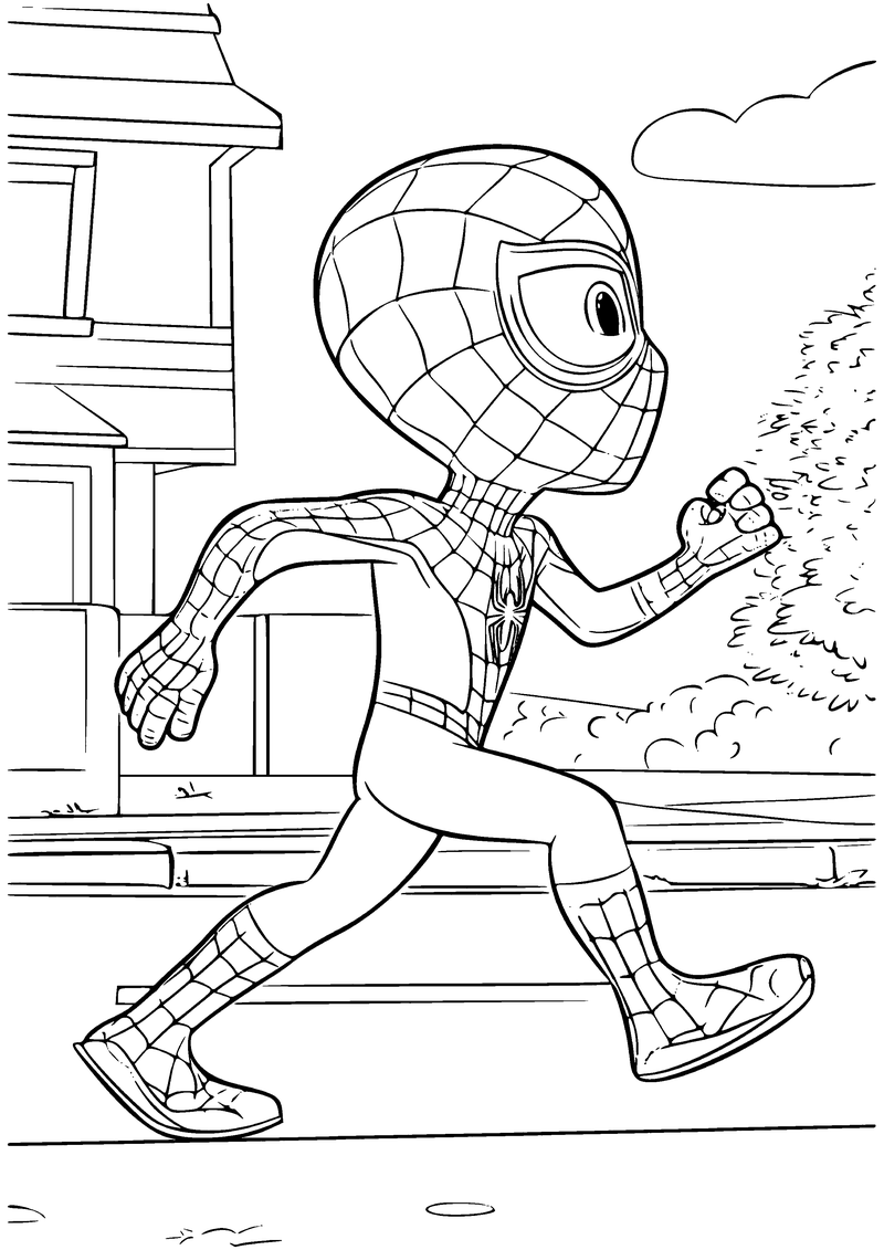 Kleurplaat van een kleine Spider-Man met grote ogen die hard door een straat rent, langs een huis en struiken