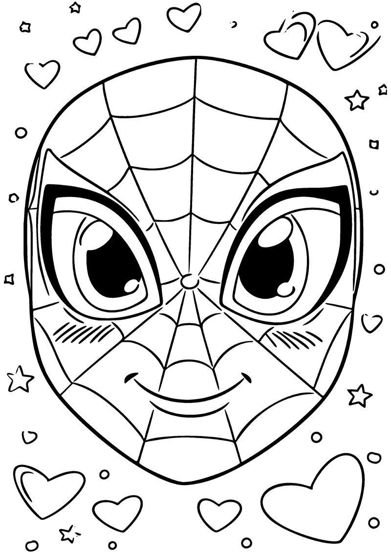 Kleurplaat van een schattig Spider-Man gezicht met grote glanzende ogen en blosjes, omringd door hartjes en sterretjes