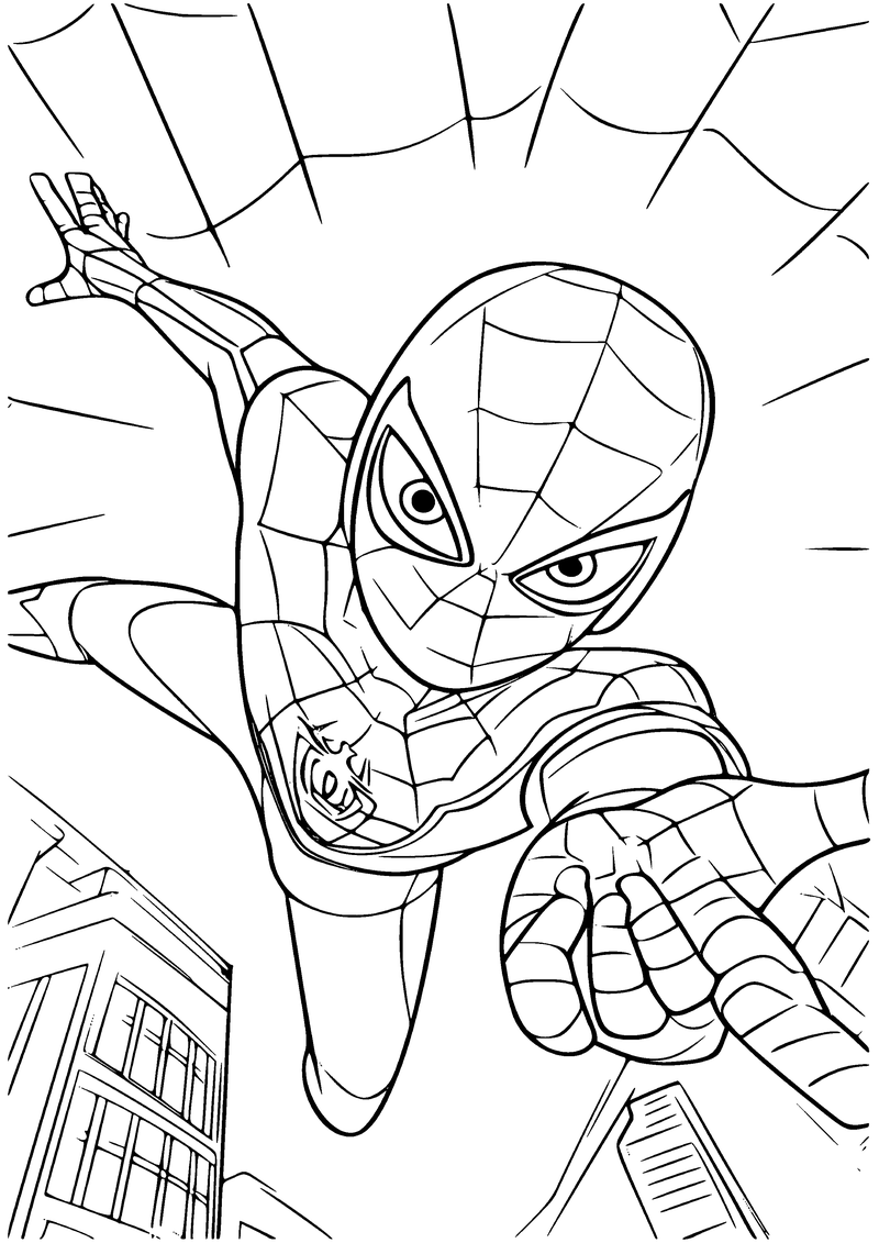 Kleurplaat van Spider-Man die boven de stad naar je toe duikt met uitgestoken hand en een groot spinnenweb boven zich