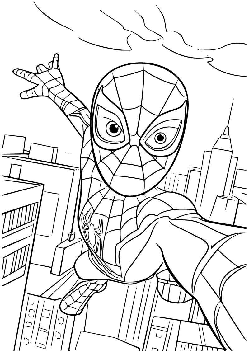 Kleurplaat van Spider-Man met grote ogen die van een dak springt, met één arm omhoog en een skyline met spitse toren