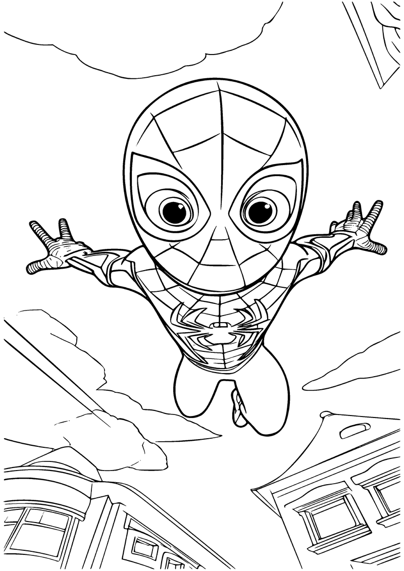 Kleurplaat van een kleine Spider-Man die met gespreide armen door de lucht springt, boven daken en tussen wolken
