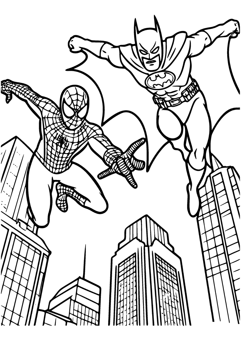 Kleurplaat van Spider-Man en Batman die samen tussen hoge wolkenkrabbers springen, Batman met wapperende cape