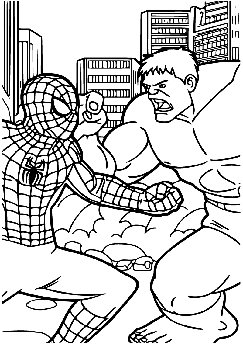 Kleurplaat van Spider-Man die met gebalde vuist tegenover een boze Hulk staat, tussen hoge gebouwen in de stad