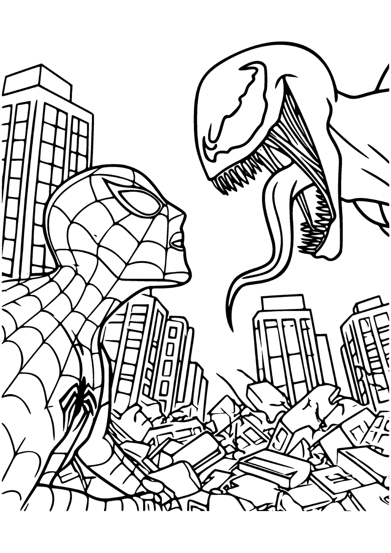 Kleurplaat van Spider-Man oog in oog met Venom met scherpe tanden en lange tong, boven een stad vol puin