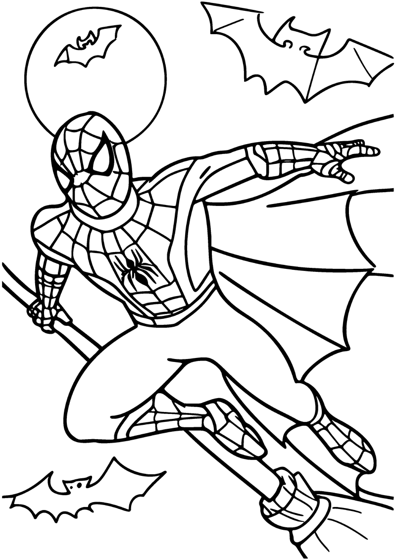 Kleurplaat van Spider-Man met cape die op een bezem vliegt langs een volle maan, met vleermuizen om hem heen