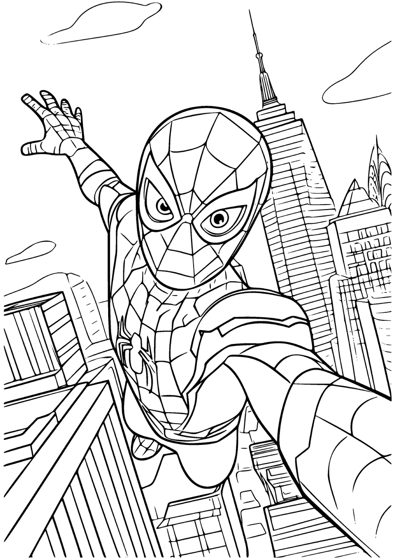 Kleurplaat van Spider-Man die met gespreide hand door de stad zwaait, met een hoge wolkenkrabber en wolken achter hem