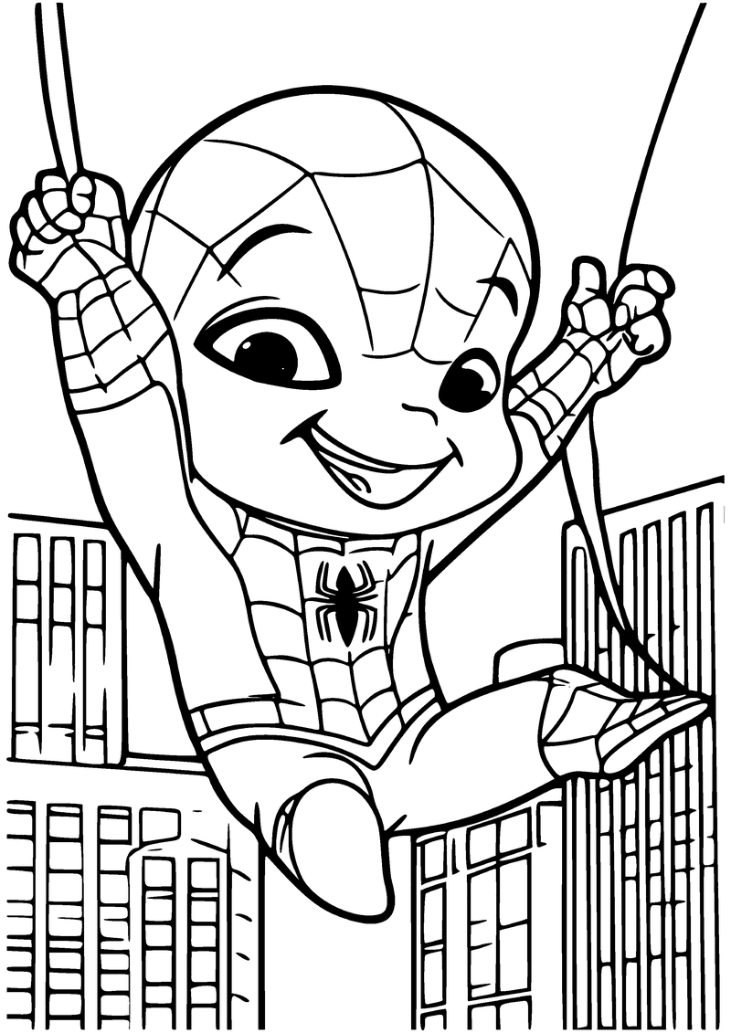 Kleurplaat van een kleine lachende Spider-Man die met beide handen aan twee draden spinrag tussen flats zwaait