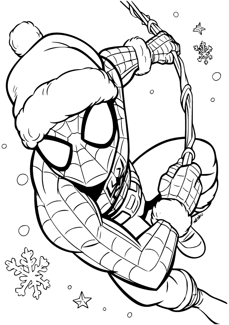 Kleurplaat van Spider-Man met een kerstmuts die aan spinrag slingert tussen sneeuwvlokken en sterretjes